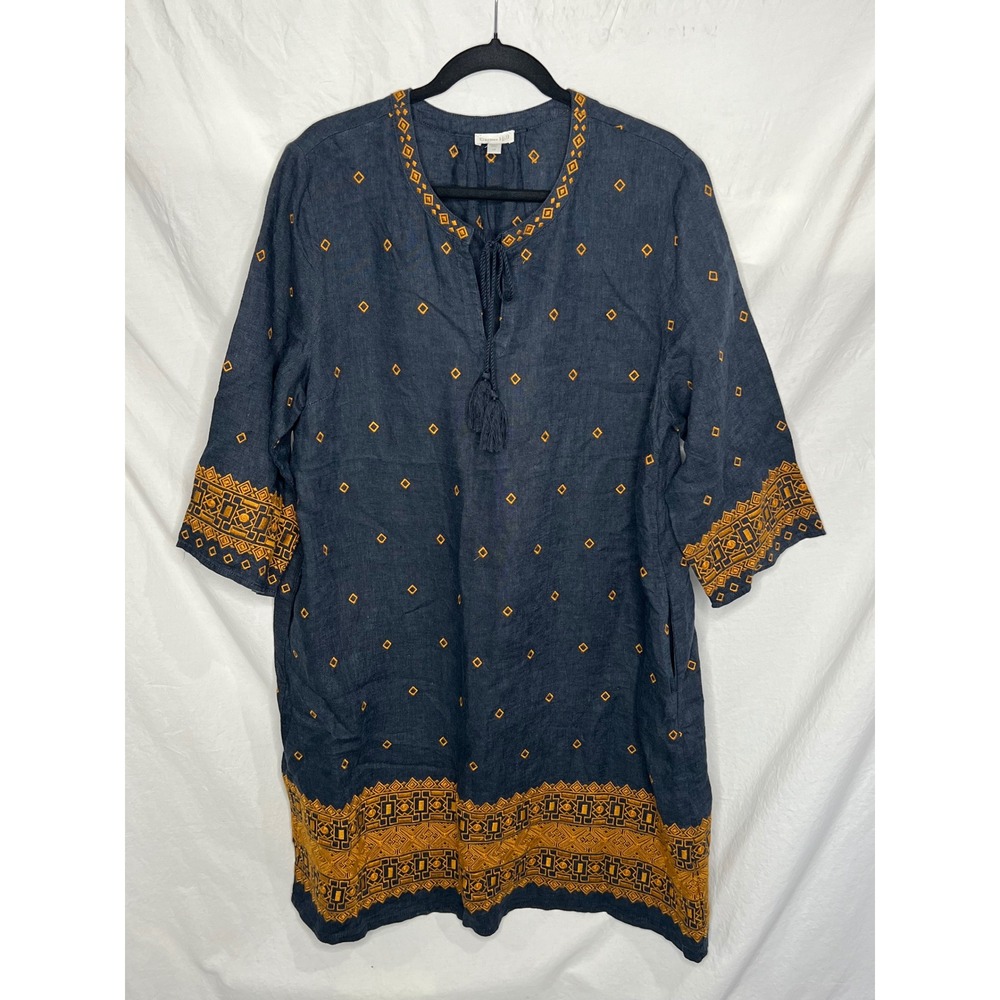 Garnet Hill Embroidered Linen Popover Dress Blue Flax Embroidered Tassel Size 12 - Picture 3 of 13